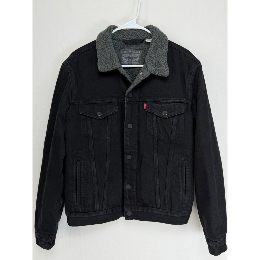 Levi's Women Cotton Trucker Jacket S Black Sherpa Lined Denim Coat 16365-0054